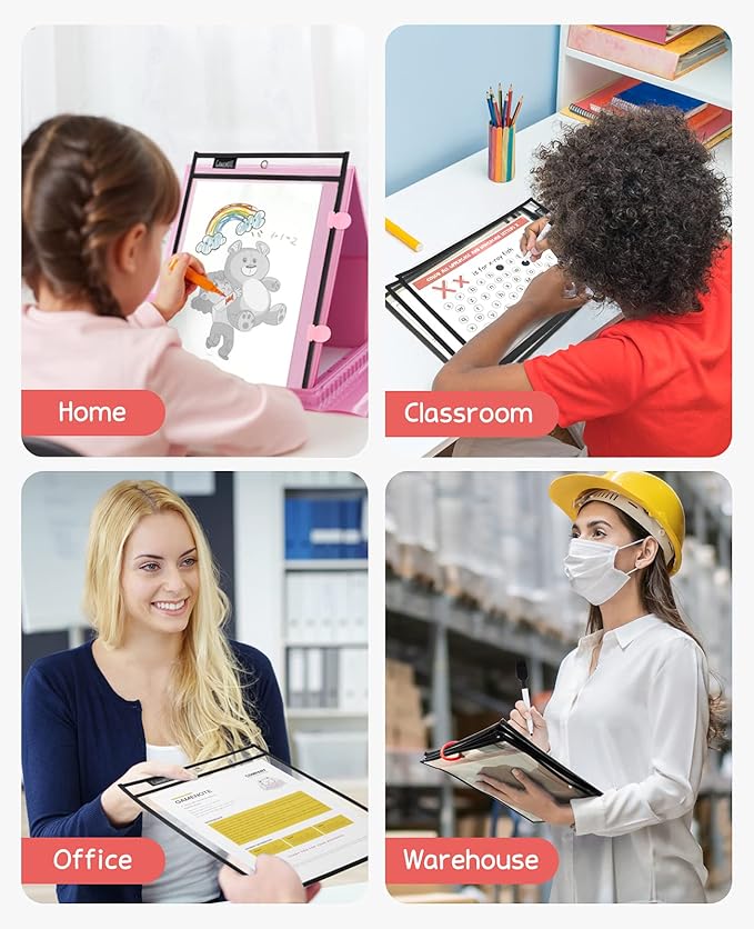 Gamenote Dry Erase Pockets 30 Pack with Rings, Oversized Reusable Plastic Sleeves Shop Ticket Holders Sheet Protectors Teacher Supplies Organization for Classroom Must Have (Black)