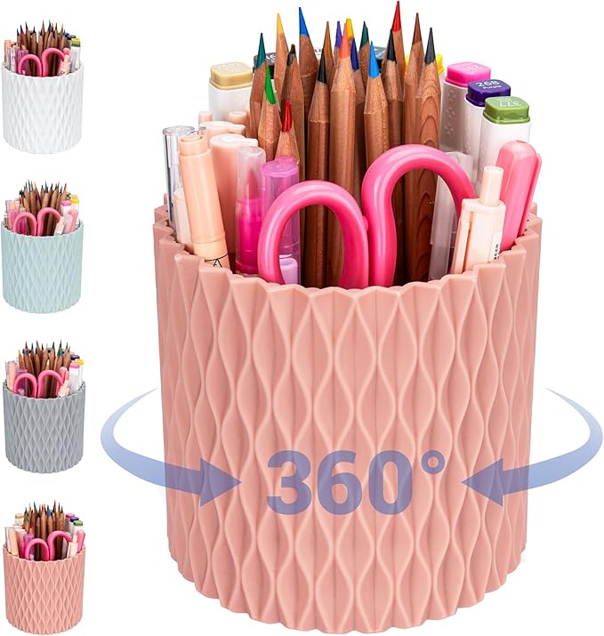 Pencil Holder For Desk - 360° Rotation, 5 Slot Desk Supplies For Women Office Aesthetic. Pencil Holder For Office&School, Desk Accessories(Pink)