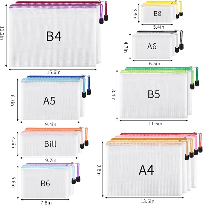 EOOUT 56pcs Mesh Zipper Pouch, Waterproof Zipper Bags, 8 Sizes Plastic Travel Pouch, 18 Colors, Multipurpose for Travel Storage, Office Appliances