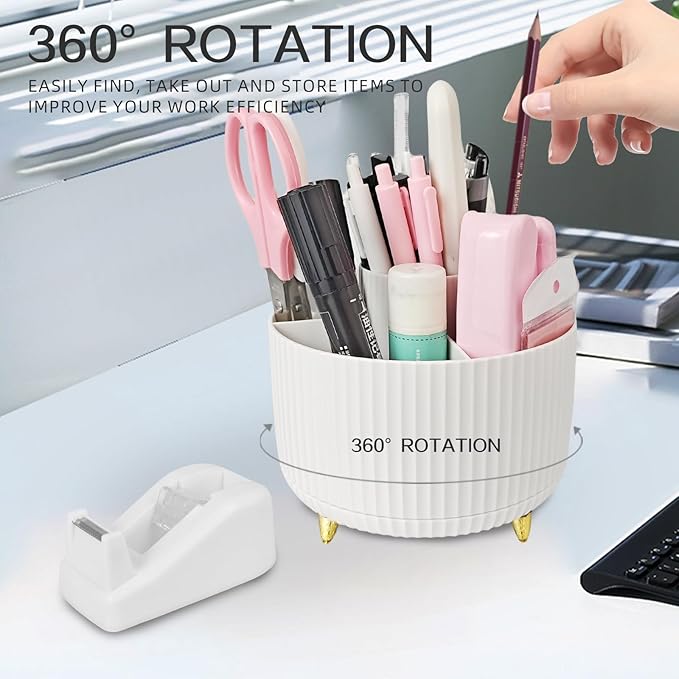 Rotating Desk Organizers and Accessories, 15pcs White Office Supplies Pen Holder for Desk Organizers and Accessories with White Stapler and Tape Dispenser Set, Cute Desk Accessories for Men Women Gift