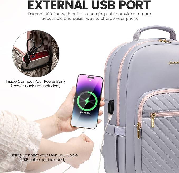 LOVEVOOK Laptop Backpack for Women 15.6 inch,Cute Travel Carry on Backpack Purse,Professional Computer Bag,Waterproof Work Business College Teacher Bag with USB Port,Grey Pink