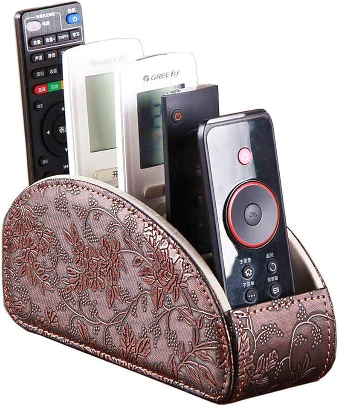 YAPISHI All-in-One Leather Brown TV Remote Holder with 5 Compartments Nightstand Desktop Media Player Remote Caddy Storage Box Organizer Tray for Mobile Office Phone Controller