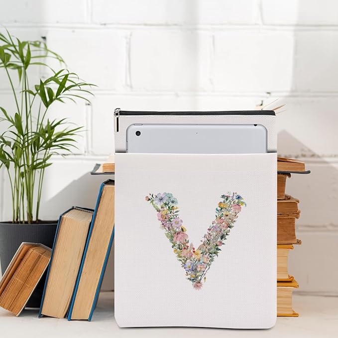 Monogrammed Book Sleeve Floral V Initial Book Pouch Book Accessories Book Lovers Gifts Waterproof Book Cover Book Protector Bookish Gifts Personalized Gifts for Women Girls Readers Bride Sister