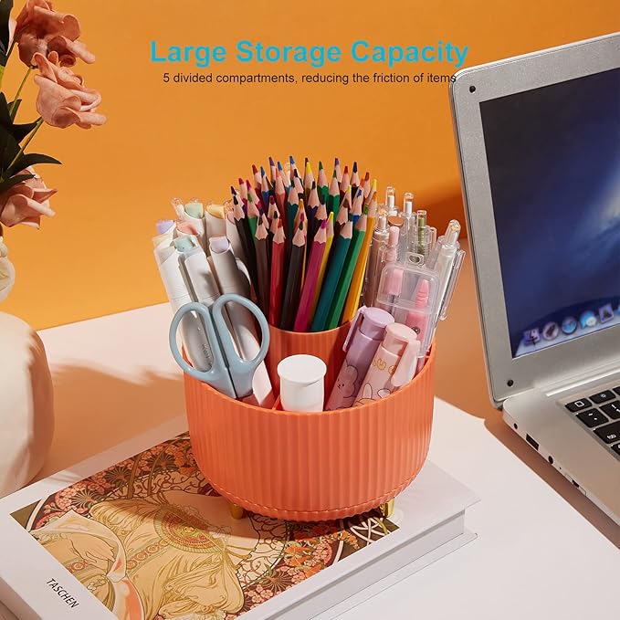 Pencil Pen Holder for Desk, 5 Slots Pencil Organizer Makeup Brush Holder Pen Organizer Pencil Holder for Desk Marker Organizer Office Supplies Organizers for Home Office Art Supply Orange