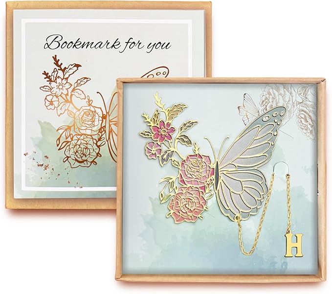 Metal Butterfly Bookmark for Women Cute Book Lovers Gift Butterfly Bookmarks Inital Book Mark Gifts for Reading Women Friend Teacher Appreciation Gifts Mom Birthday Valentines Day Christmas Gift, H