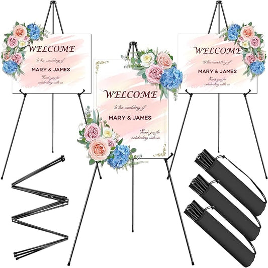 AROIC 63" Easel Stand for Display, 3 Pack Portable Foldable Metal Easel, Easels for Signs Wedding Logos,Arts, Painting,Adjustable Floor Easels with 3 Storage Bag