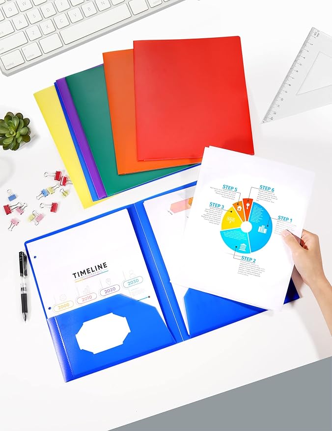 SUNEE 2 Pocket Folder (24 Pack, Assorted Colors) Heavy Duty Plastic Folders with Pockets Fit Letter-Size Papers, Two-Pocket Poly Folders Bulk for School, College, Office