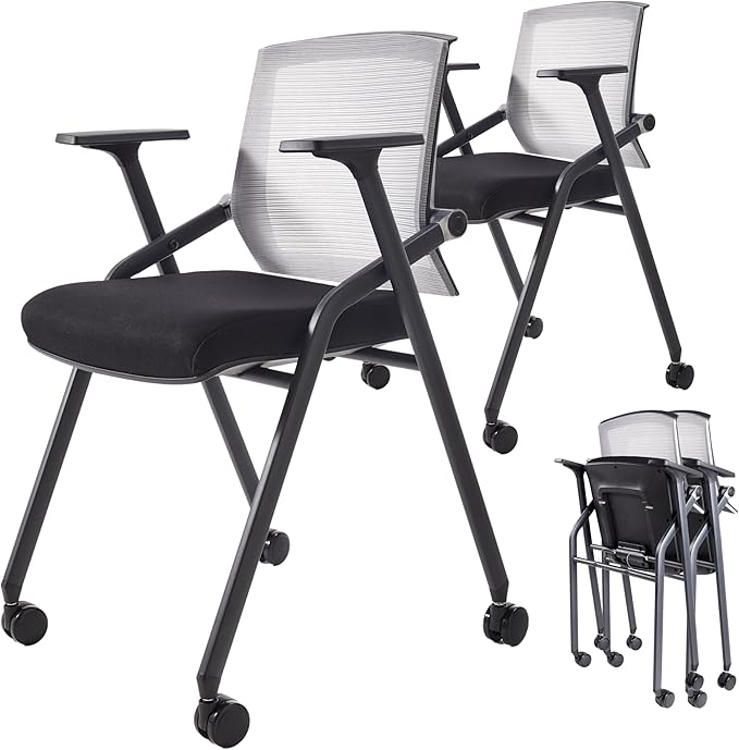 2 Pack Stackable Conference Room Chairs with Paddle Folding Office Chair Foldable Desk Chair Mesh Back and Arms for Conference Meeting Guest Reception Home Office Training Room Chair