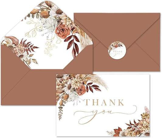 Whaline 50 Pack Boho Floral Thank You Cards Boxed Retro Flower Note Cards with Envelopes Stickers Fall Blank Cards for Thanksgiving Bridal Shower Baby Shower Wedding Supplies, 4 x 6 Inch