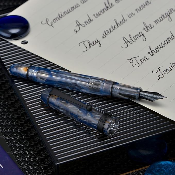 Asvine V126 Vacuum Filling Fountain Pen Extra Fine Nib, Blue Swirl Acrylic, Large-Capacity with Gift Case