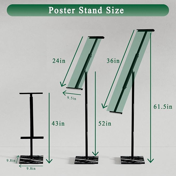 Poster Holder Stand with Marble Base, Floor Standing Sign Holder, Adjustable Height Up to 61.5 Inch, 360°Rotation Display Stand for Indoor & Outdoor Many Occasion