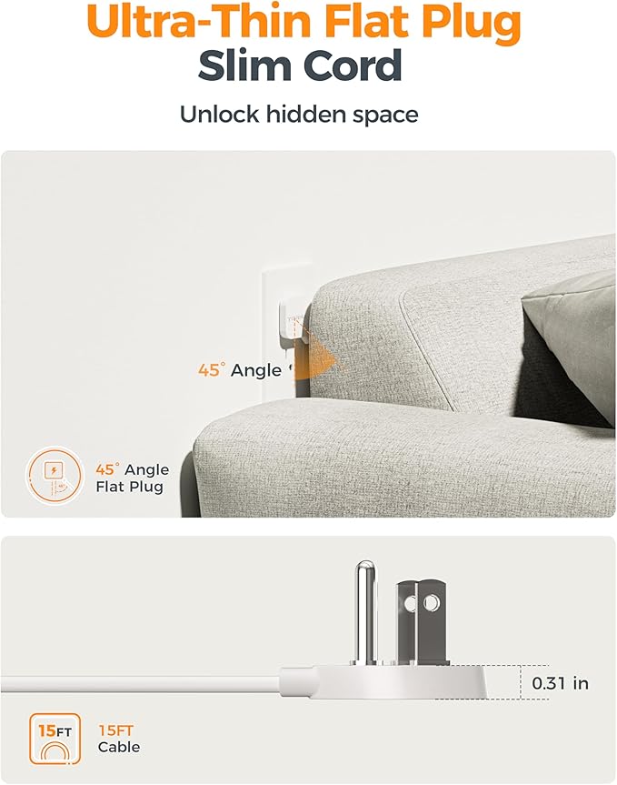 Flat Extension Cord 15 FT, TESSAN Surge Protector Power Strip with 4 AC Outlets 1 USB C and 2 USB A Ports, 900 Joules Protection, Multiple Wall Plug Outlet Extender Suitable for Home Office Dorm