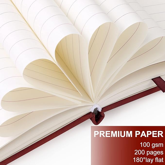 A5 Leather Journal Notebook with Pen, 200 Pages Hardcover Journal with Pocket, 100gsm Thick Lined Paper Daily Diary for Men and Women, Great Gift for Business School Travel Personal - Red