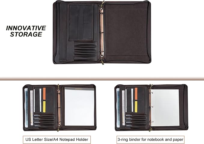 Padfolio Binder- A4 Letter Size 3-Ring Binder, Leather Portfolio Folder Organizer Deep Brown Crazy Horse Leather with Free Name Engraving. Includes Business Card Holder and Letter-Sized Writing Pad.