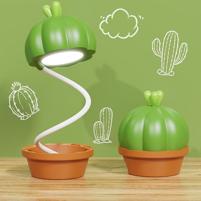 Cute Desk Lamp for Kids, Cactus Small Desk Lamps with Dimmable Touch,Rechargeable Kawaii Desk Lamp Nursery Night Lights, Desk Accessories Kawaii Room Decor for Kid Gifts (Green Cactus Lamp)