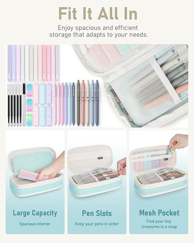 Four Candies 39 PCS Aesthetic School Supplies with Cute Pen Case, 12 Pastel Highlighters, 5 Black Ink Gel Pens, 6 Mechanical Pencils Set 0.5 & 0.7mm for Students Stationary College Essentials (Blue)