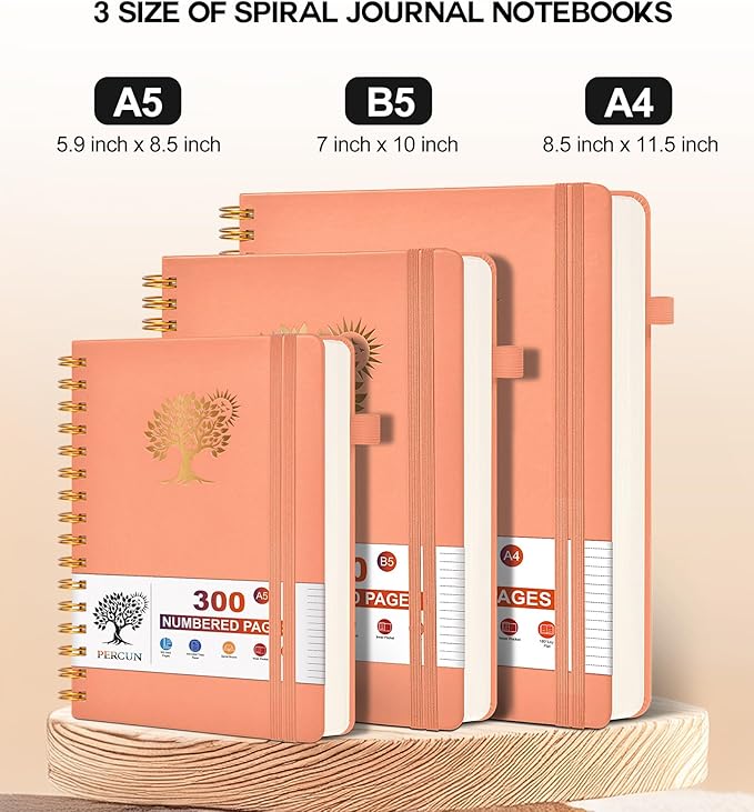 Spiral Notebook Journal for Women Men, 300 Numbered Lined Pages, College Ruled, A5 Hardcover Spiral Bound Notebook for School, Work, Note Taking Writing, Leather Spiral Journal Medium 5.9"x8.5"