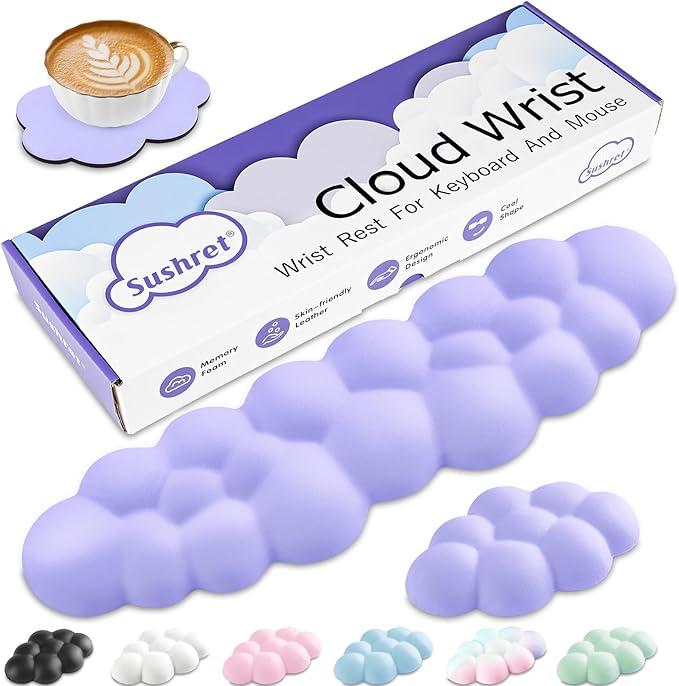 Cloud Wrist Rest Keyboard, Cloud Palm Rest Set with PU Leather Memory Foam, Cute Keyboard Rest for Wrist Support and Arm Rest, Desk Cloud Wrist Pad for PC/Gaming/Hand Cushion/Computer-Purple