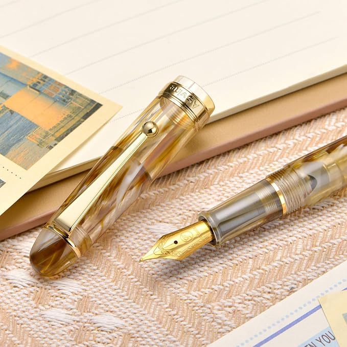 Asvine V126 Vacuum Filling Fountain Pen Fine Point, Brown Swirl Transparent Acrylic Pen Gift Case