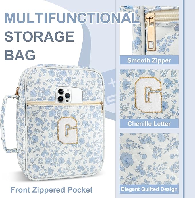 Personalized Initial Bible Cover Case for Women Girls Kid - Large Quilted Bible Case with Handle, Stylish Chenille Letter Bag Study Supplies, Perfect Christmas Gifts for Christians (Blue Flower-G)