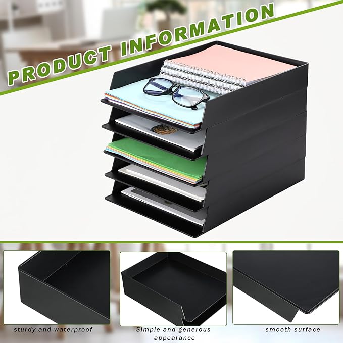 Wenqik 20 Pcs Stackable Paper Trays Rectangular Plastic Desk Tray Holder Desktop Document File Paper Organizer Plastic Storage Letter Tray for Office Classroom, Black