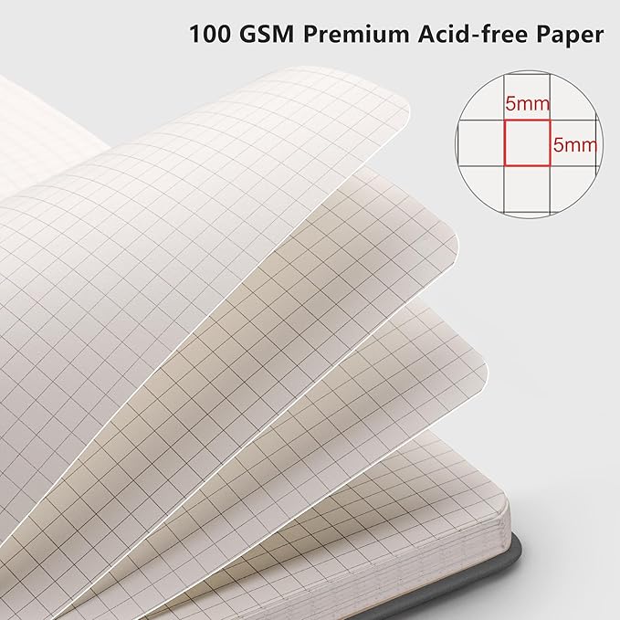 RETTACY Graph Paper Notebook, A5 Grid Notebook Journal with 192 Pages, 5.7'' × 8.3'', Medium Size, Leather Hardcover, 100 GSM Thick Paper, for Students, Homework, Math, Engineering (Gray)