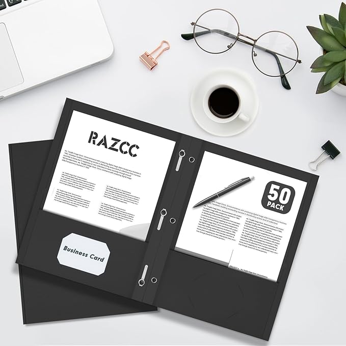 Two Pocket Folders, RAZCC 75 Pack Two Pocket Folders with Prongs, 3 Prong Folders Fit Letter Size Paper, Pocket File Folders for School Office Home Business, Black