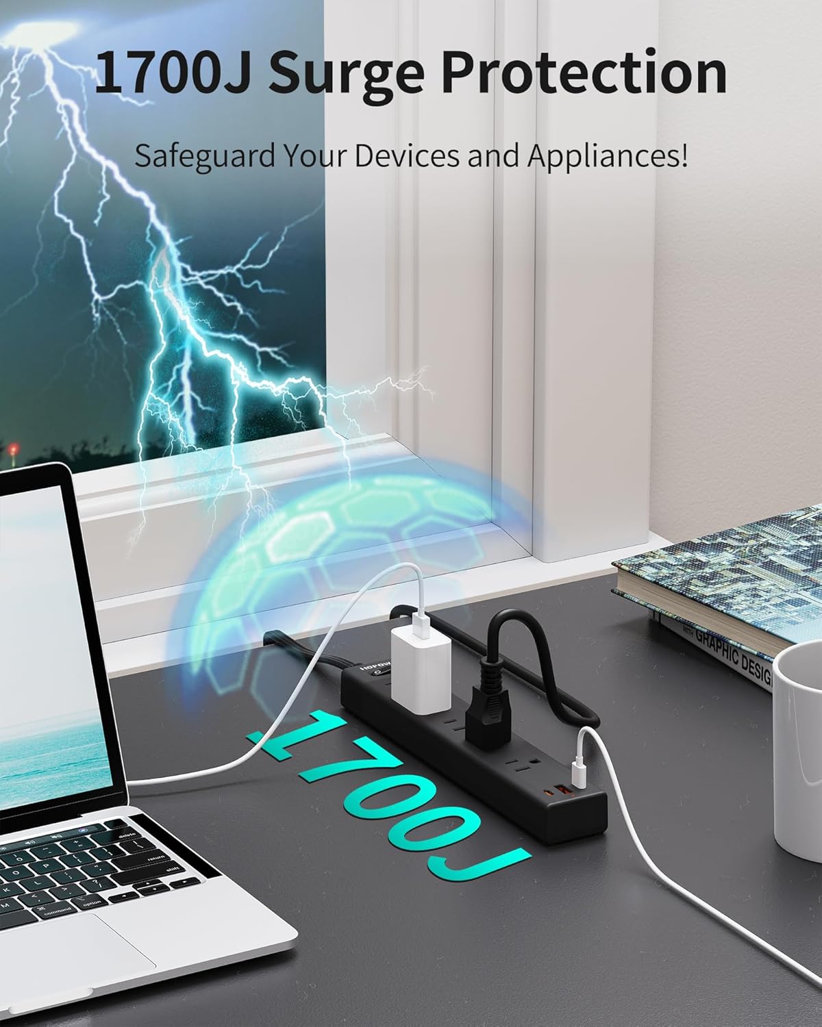 Power Strip Surge Protector, 2 Pack, 10 Ft Ultra Thin Flat Extension Cord, Surge Protector with 5 Outlets & 3 USB Ports (2 USB C), 1700 Joules, 3-Prong, Wall Mount for Home Office Dorm, Black