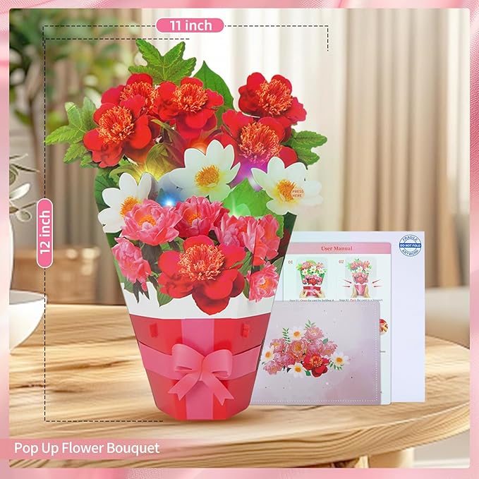 3D Pop Up Magnolia Flower Bouquet Card - Musical Birthday Card with LED Lights, Mother’s Day, Anniversary, Graduation, Thank You & Congratulations Gift for Women, Men, Friends, Family