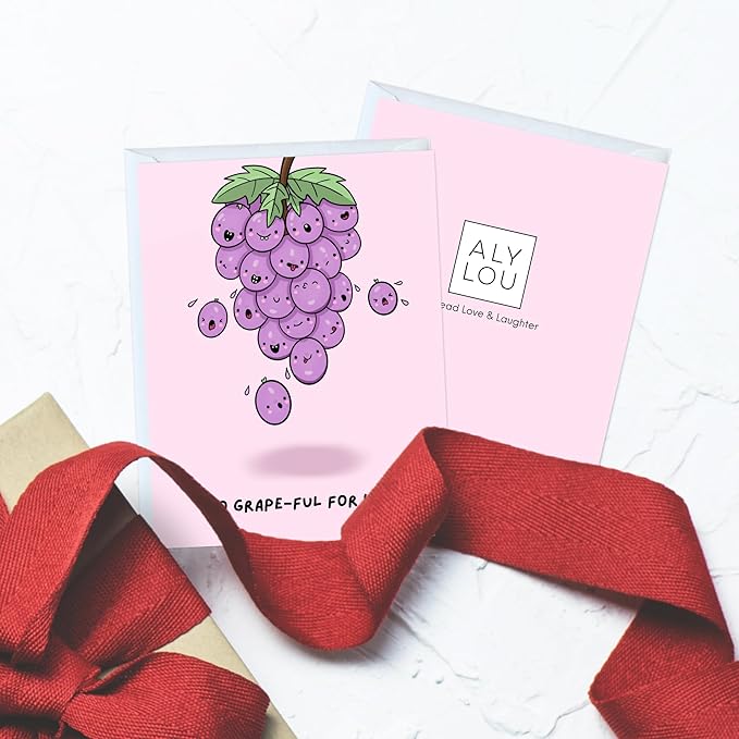 ALY LOU Cute Thank You Card, Thank U Greeting Note Card for Business, Teacher, Wedding, Birthday, Baby Shower, Blank Inside (So Grape-ful For You)