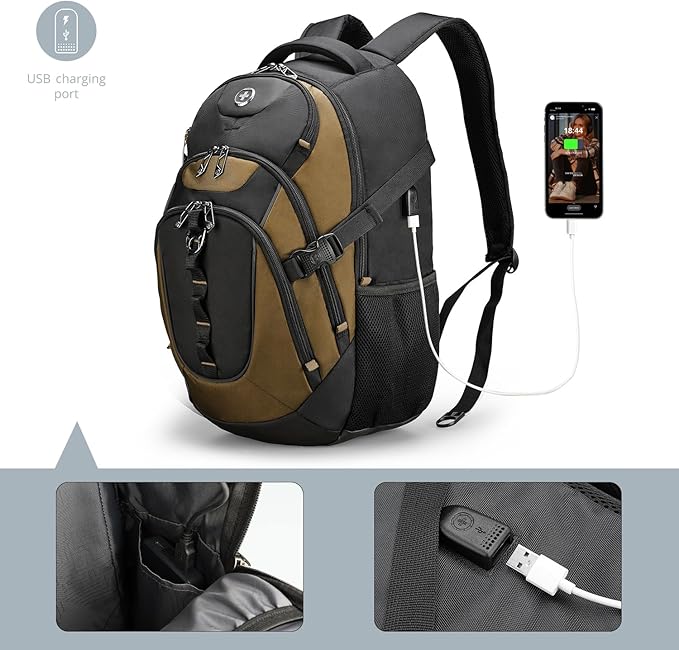 Swissdigital Design Large Business Laptop Backpack with Smart USB Charging Port, Travel Backpack Fits 15.6 inches laptops, Water Repellent College Backpack for Men Women (VECTOR SD803-34 Tan/Black)