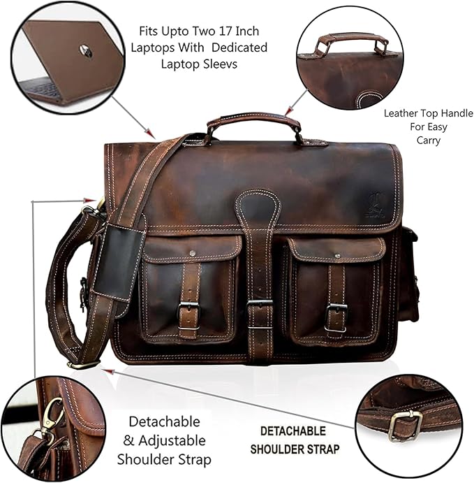 cuero Leather Messenger Bag for Men, 16 Inch Laptop Bag, Crossbody Bag Men, Vintage Handmade Leather Satchel Bag Men, Full Grain Business Briefcase Shoulder Bag for Office/Work/Travel - Brown