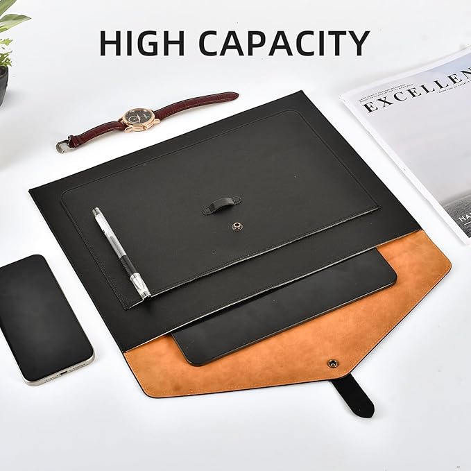Black Leather File Folder Letter Size, File Organizer, Important Document Folders with Pockets, Document Organizer, Laptop Sleeve Notebook Case, Paper Storage, A4 Envelopes Filing Folder