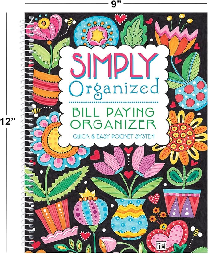 ©Mary Engelbreit Bill Paying Organizer Book - Personal Account book, 9" by 12 inch, Spiral-Bound, 14 Pockets, 32 Label Stickers, Bill Tracking
