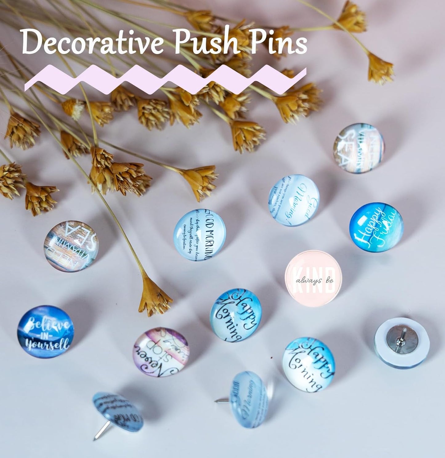 24Pcs Decorative Push Pins,Decorative Thumb Tacks for Bulletin Board, Cork Board Thumbtacks,Photos Wall Maps,Cute Thumbtack for Cubicle Decor,Classroom Decor,and Office Decor(Motivational-Moring)