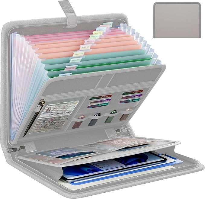Fireproof Accordion File Organizer, Portable Expanding File Folder with Waterproof Zipper&Labels, Gray Document Organizer with 13 Pockets, File Organizer for Important Document/Paper Storage