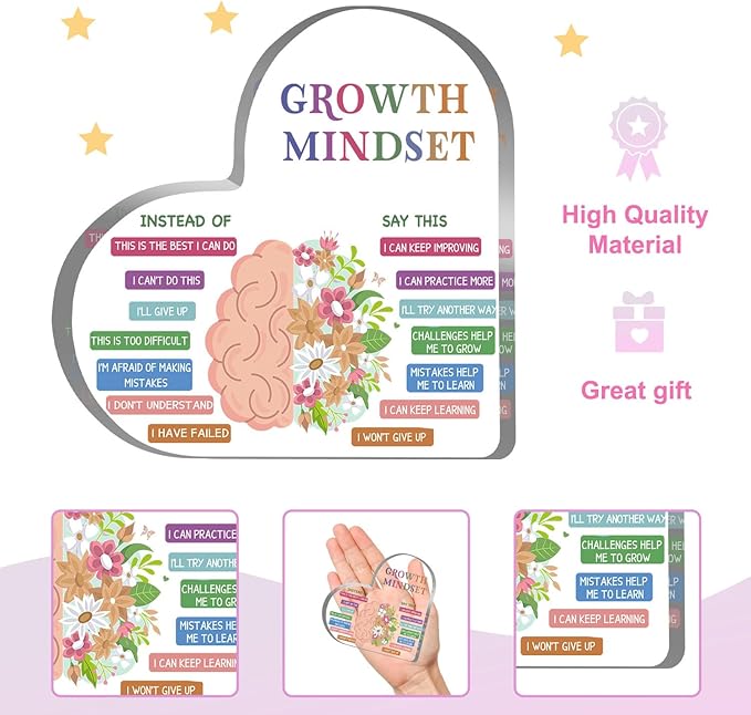 Growth Mindset Decor, Therapy Office Mental Health Classroom Art Educational Challenging Thoughts Affirmation Decorations Positive Sayings Inspirational Gifts Acrylic Heart Inspirational Gift for
