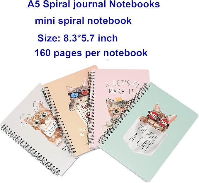Yansanido Spiral Notebook, 4 Pcs A5 Thick Cat Design Hardcover 8mm Ruled 4 Color 80 Sheets -160 Pages Journals for Study and Notes (Cat)