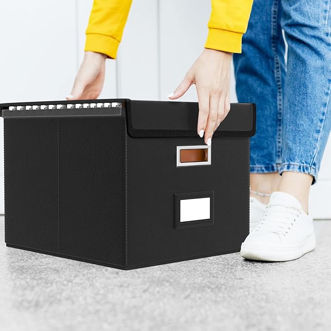 Huolewa Upgraded Portable Leather File Organizer Boxes with Lids, Office Document Boxes Organizer, Filing Boxes, Decorative Small File Boxes for Hanging Files with Plastic Slide for Office/Decor/Home