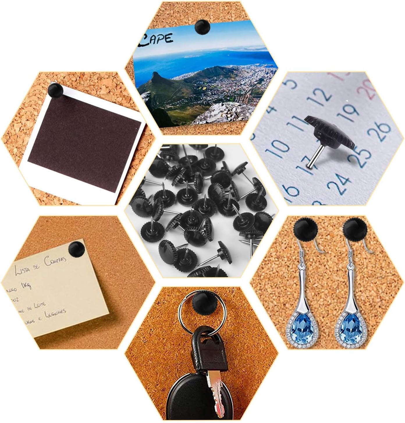 Lunies 200 Pcs Black Push Pins, Plastic Thumb Tacks for Wall, Wall Tacks for Hanging, Standard Plastic Head and Steel Point Push Pins for Cork Board