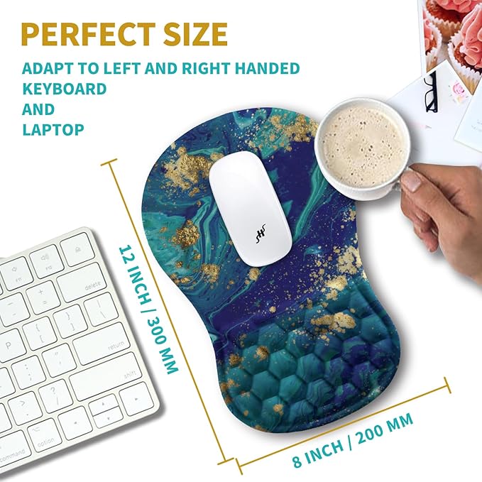 Hokafenle Ergonomic Mouse Pad Wrist Support, Wrist Rest Mousepad for Carpal Tunnel Pain Relief with Integrated Memory Foam Slope Massage Bulge (11.8x7.9 inch,Blue Gold