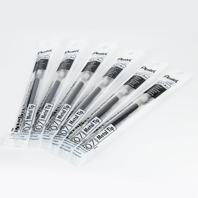 Pentel Refill Ink - For EnerGel Gel Pen, 0.7mm Metal Tip, Medium, Black Ink, Pack of 6 Refills (LR7-6A)