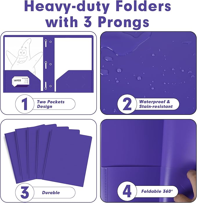 Plastic 2 Pocket Folders with Prongs, 30 Pack, Heavyweight, Letter Size Poly Folders with 3 Metal Prongs Fastener Clips (Purple)