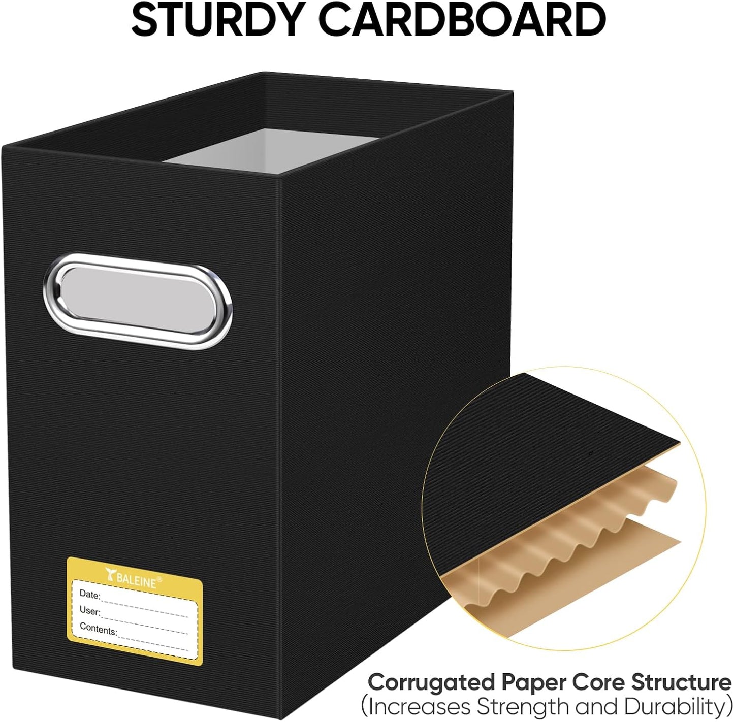 BALEINE File Organizer Box, Cardboard File Folder Organizer with Handle for Letter Size, Portable Collapsible Hanging Filing Box for Home Office Document Storage (4 Pack, Black)