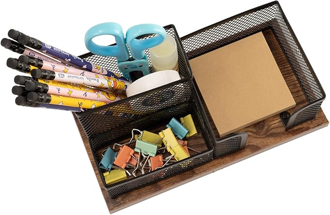Antique Wood & Mesh Pen Holder Office Supplies Caddy, Storage Baskets for Desktop Accessorieswith Sticky Notes Holder,3 Compartments(2 Pack Black)