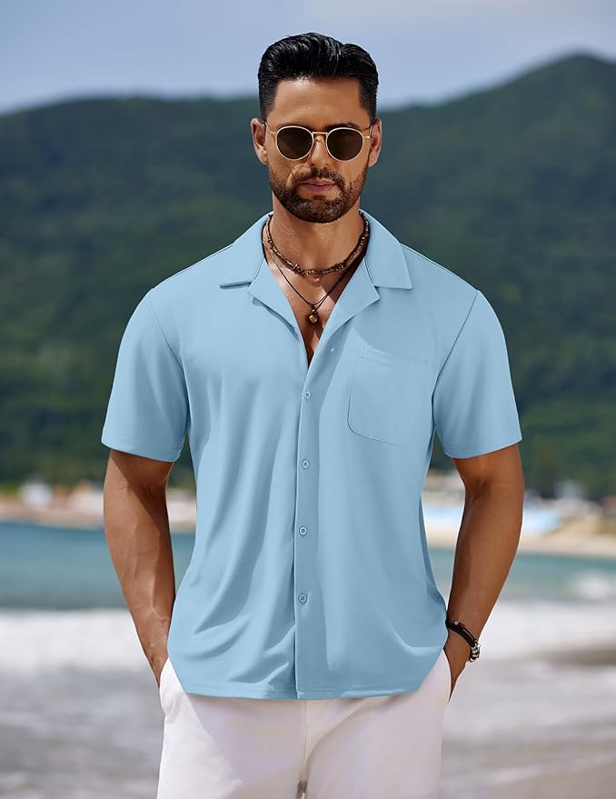 COOFANDY Men's Casual Cuban Guayabera Shirt Short Sleeve Button Down Shirts Summer Beach Shirts Vocation Vintage Shirts