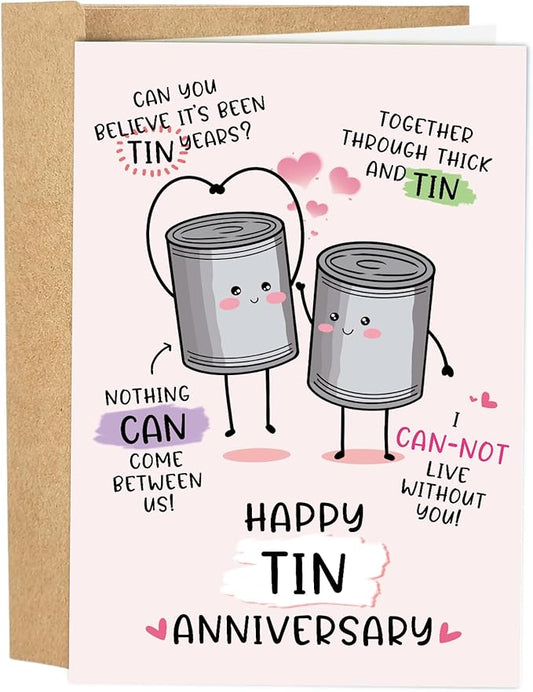 Funny 10 Years Anniversary Card, Cute Tin Pun 10th Anniversary Card for Husband Wife, Hilarious Ten Years Anniversary Card for Him Her, Happy Tin Wedding Anniversary Card