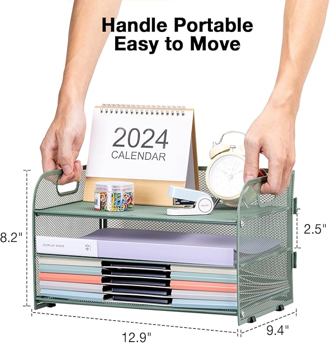 3-Tier Letter Tray Paper Organizer with Handle,Compact Mesh Desk File Organizer for Home Office Supplies Desktop Accessories,Green