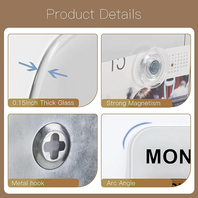 SELEAD Magnetic Glass Whiteboard Monthly Planner - 32”x24” Large Wall Calendar Dry Erase White Board, TODO Memo Bulletin Board for Home School Office - White&Gold