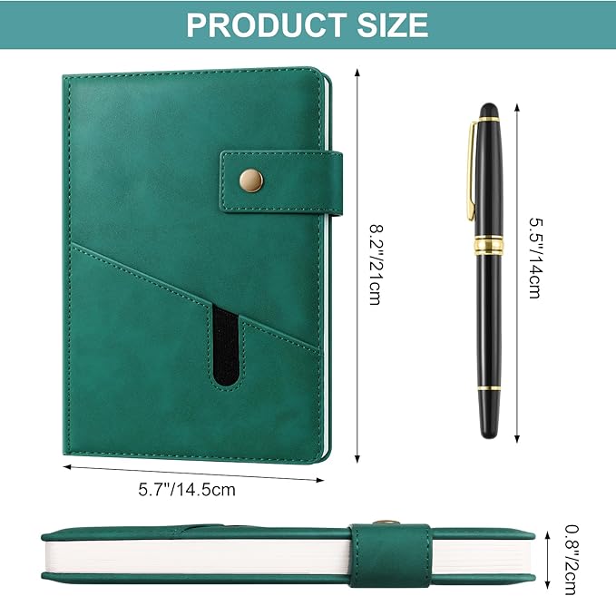 A5 Leather Journal Notebook with Pen, 200 Pages Hardcover Journal with Pocket, 100gsm Thick Lined Paper Daily Diary for Men and Women, Great Gift for Business School Travel Personal - Green